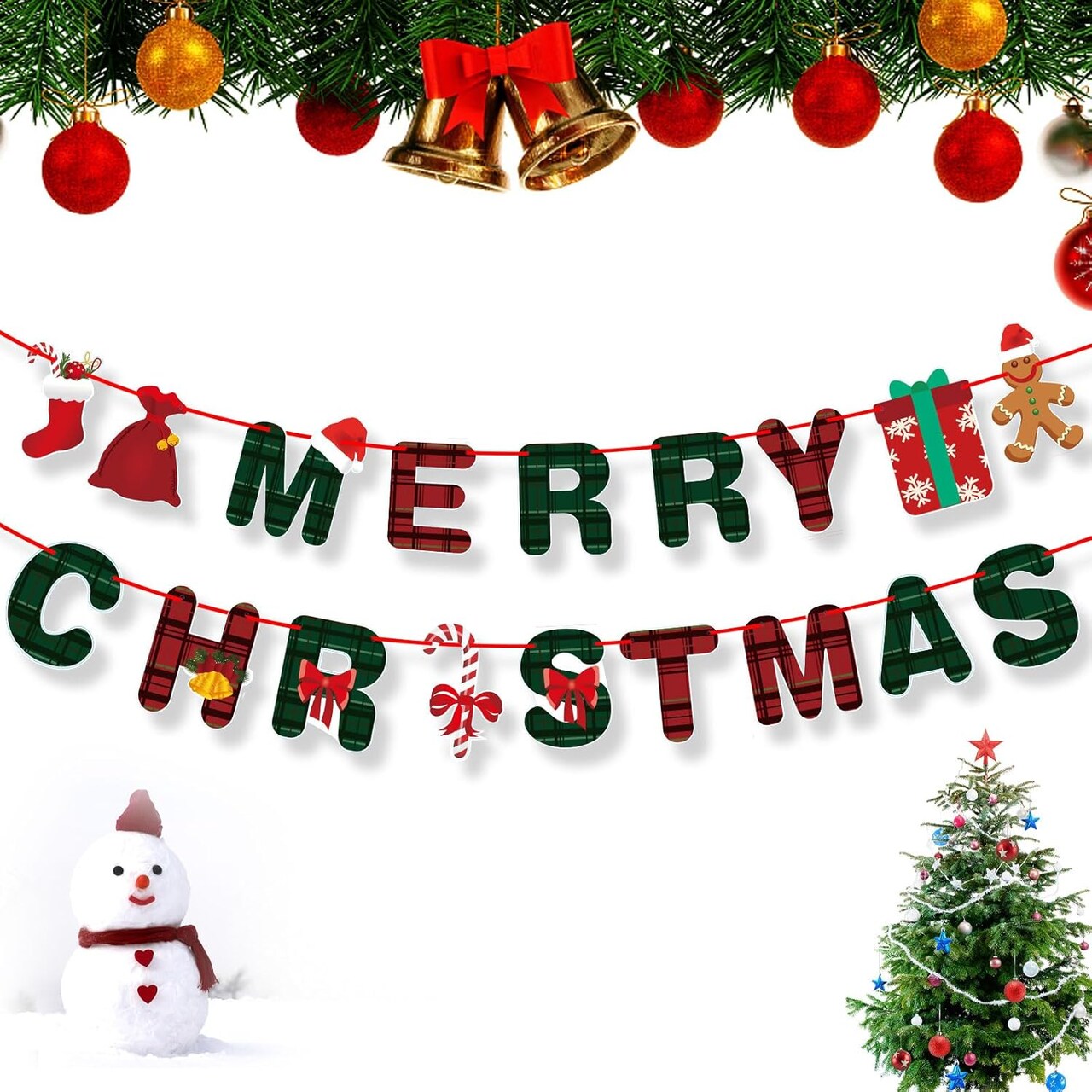 Merry Christmas Banner- Xmas Banners Bunting with Gingerbread Socks Signs(Red)